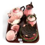 A 19th century Zsolnay Pecs pink floral tea set comprising teapot, cream, sugar, jug (cover