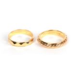 Two fancy 18 carat gold band rings, both finger size M. Gross weight 8.09 grams