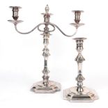 A silver plated three light candelabra and matching silver candlestick