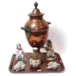 A copper samovar; a Hungarian vase; a pair of Casa Pupo of London candle holders; and two