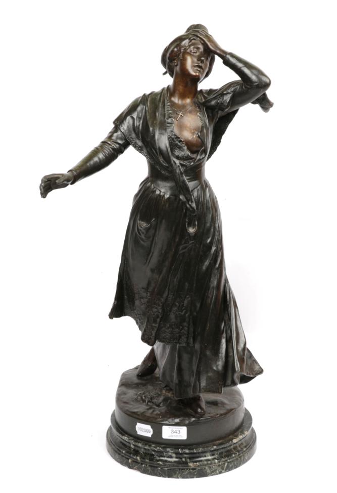 ^ After Mercié, a cast metal figure modelled as a lady in distress, 72cm high