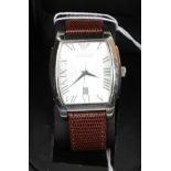 A tonneau shaped stainless steel calendar centre seconds wristwatch, signed Emporio Armani, with