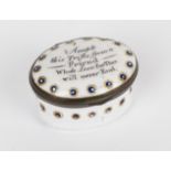 An 18th century enamel box, the lid decorated ''Accept this Trifle from a Friend Whole Love for Thee