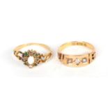 A 15 carat gold diamond and seed pearl ring, finger size K1/2 ;and an opal, emerald and diamond