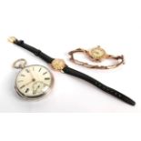 A lady's wristwatch signed Omega; a 9 carat gold lady's wristwatch; and a silver open faced pocket