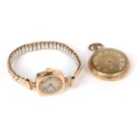 Fob watch, stamped '18K' in fitted box; and a lady's 9 carat gold wristwatch (2)