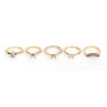 Five 18 carat gold vacant ring mounts, of various designs and finger sizes (5). Gross weight 15.53