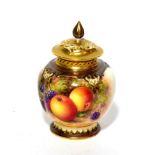 Royal Worcester china pot pourri jar and cover, painted with fruit, signed 'Freeman'