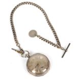 A silver open faced pocket watch and a silver watch chain
