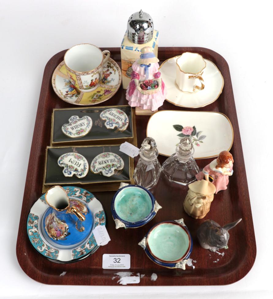 A tray including four ceramic decanter labels; a Dresden cabinet cup and saucer; a Royal Worcester