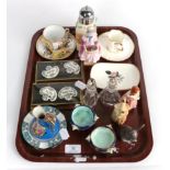 A tray including four ceramic decanter labels; a Dresden cabinet cup and saucer; a Royal Worcester