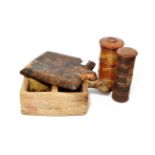 ^ A treen three-section spice jar for ginger, mace and nutmeg, 21cm high; a carved five-section