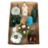 Figural snuff bottle; cameo mounted scent jar; and six other snuff and scent jars