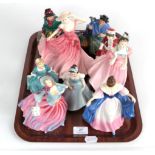 A group of Royal Doulton figures to include Silks and Ribbons, Tuppence A Bag etc