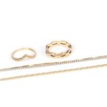 Two bracelets, stamped '9KT, both (a.f.); a 9 carat gold textured wishbone ring, finger size P;