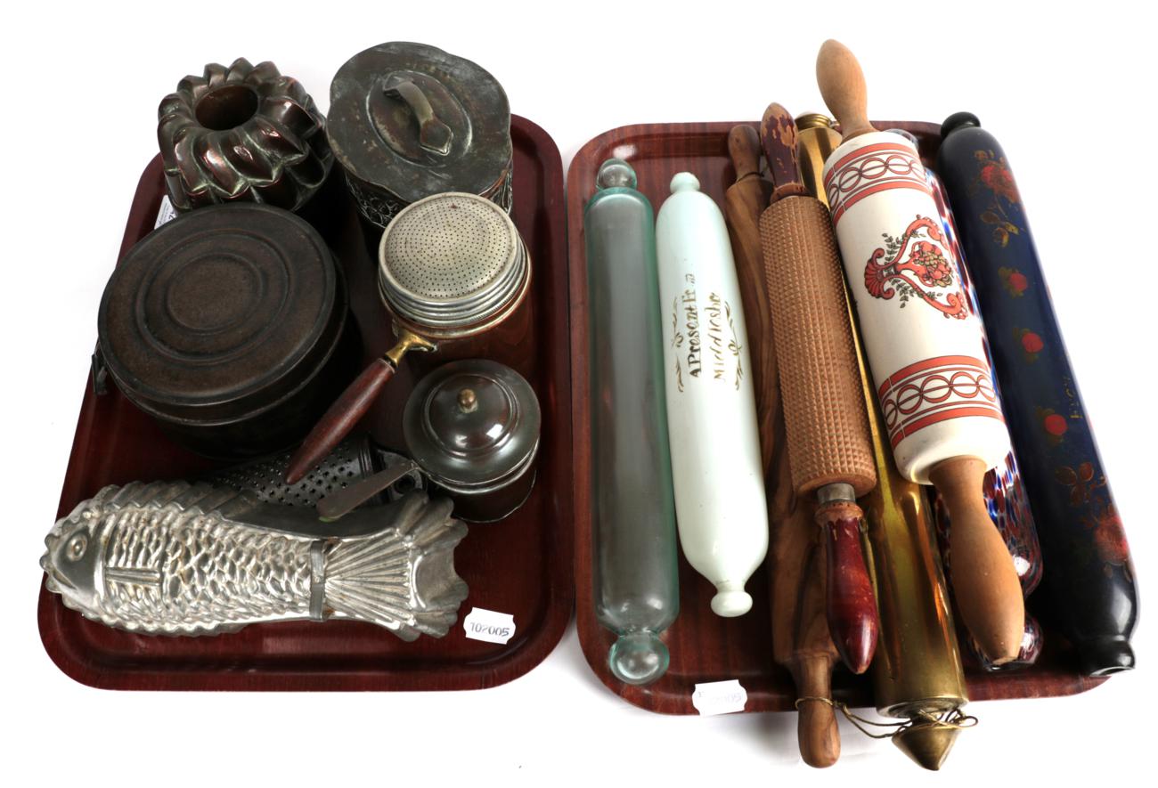 ^ Eight assorted rolling pins including three Victorian glass examples; together with kitchenalia