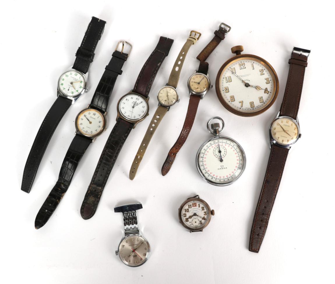 A selection of watches comprising of, nickel cased Omega stopwatch, 8-day travel timepiece