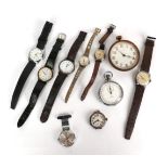 A selection of watches comprising of, nickel cased Omega stopwatch, 8-day travel timepiece