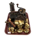 ^ A tray including brass meat spit; brass weights; miner's lamp; coffee grinder; and a cast iron