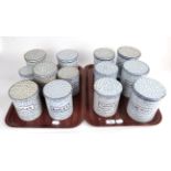 ^ Two trays of Maling Cobblestone pattern blue and white storage jars: Ground Rice; Starch;