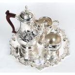 A three piece electroplated coffee service with tray ensuite, Garrard & Co, late 20th century, the
