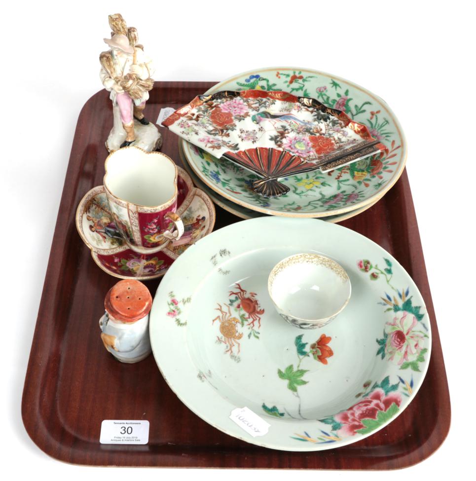 18th century Chinese bowl, Vienna twin handled lobed cup and saucer; Imari fan shaped dish; Sam