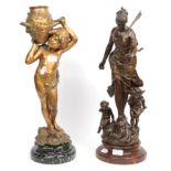 ^ A French spelter figure group, 58cm high; and a French gilded metal figure after Moreau titled ''