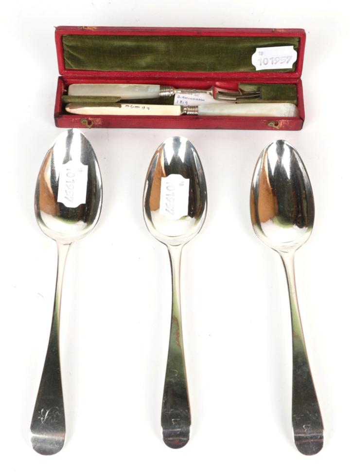 A pair of George III silver table spoons, Stephen Adams, London 1772; a provincial example, Barber &