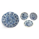 18th century Delft blue and white plate, 35cm diameter; together with three further Delft blue and