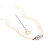 A graduated cultured pearl necklace, length 42cm; and a simulated pearl stick pin