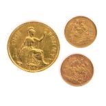 A 1913 half sovereign, a 1902 half sovereign and a 1947 gilt penny (3)