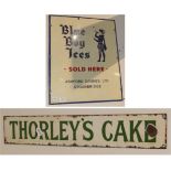 ^ A single sided enamel advertising sign, Thorleys Cake, 10cm by 61cm; and a single sided enamel