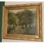 ^ French School, 20th century, Tree-lined avenue, oil on canvas, 54cm by 67cm