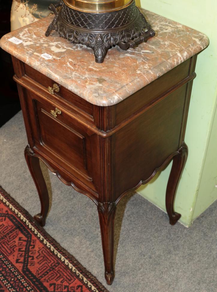 ^ A French walnut marble top pot cupboard, 43cm wide