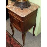 ^ A French walnut marble top pot cupboard, 43cm wide