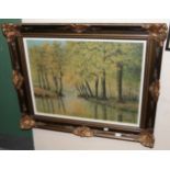 ^ F R Simon (20th century) Woodland river landscape, signed, oil on canvas, 59cm by 80cm