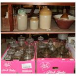 ^ Two boxes of glass kitchen jars; assorted stoneware vases; stoneware jars and a mixing bowl