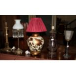 ^ A brass Corinthian column table lamp, a brass table lamp with opaque glass shade and lustre drops,