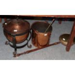 Copper log bin; Arts and Crafts style copper coal bucket; quantity of brass and copper