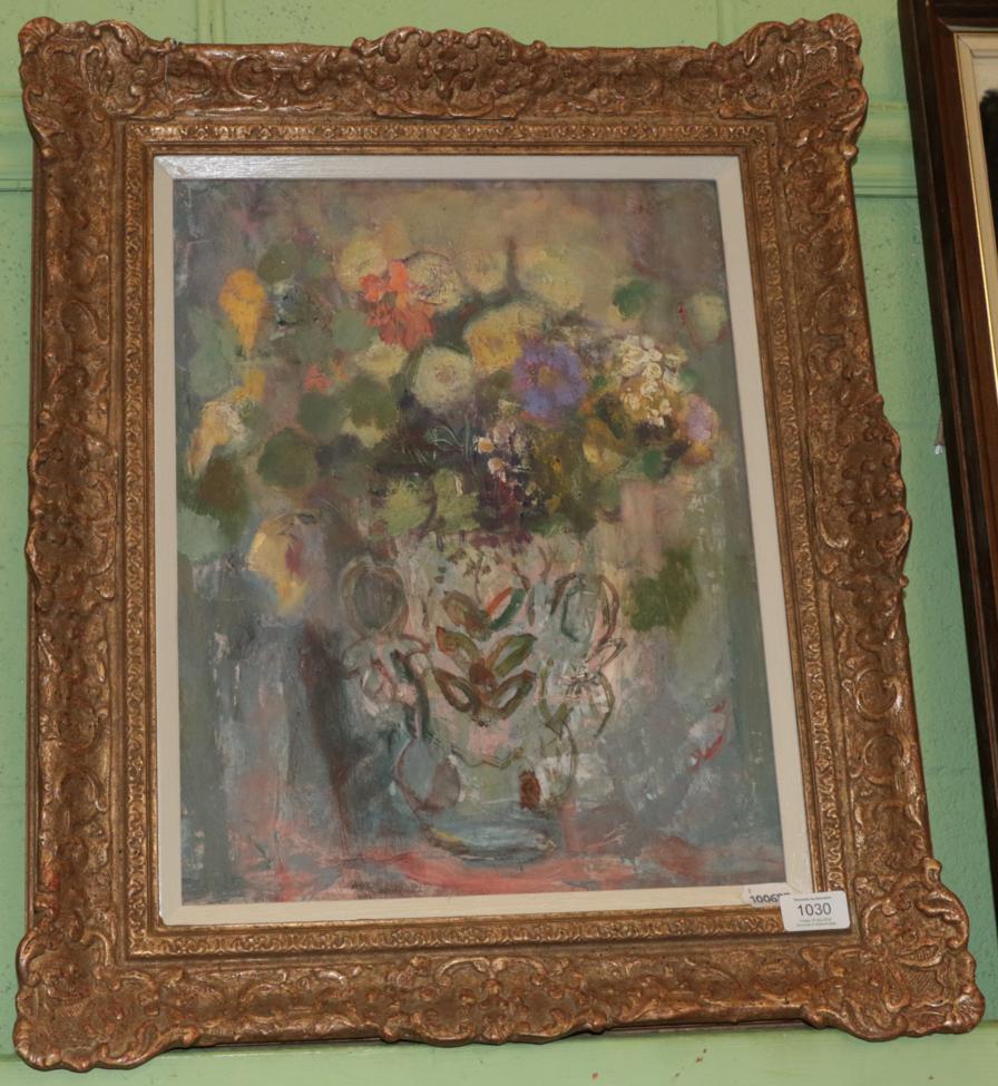 Margaret Ross Hislop RSA, RBA (1894-1972), ''Summer Flowers in a Victorian Vase'', signed, oil on