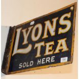 ^ A double sided enamel advertising sign with mounting flange ''Lyons Tea Sold Here'', 30cm by 45cm