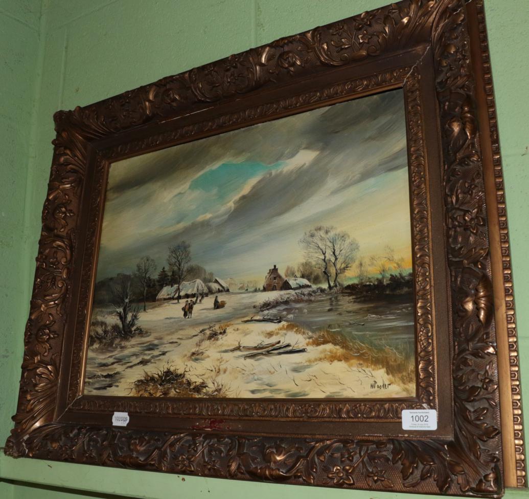 ^ H Poeder (20th century) Winter Landscape, signed, oil on board 29cm by 51cm