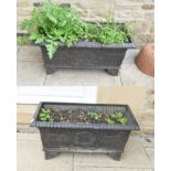 ^ A pair of black painted cast metal rectangular garden troughs, 70cm by 35cm by 55cm