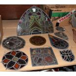 ~ Nine assorted leaded glass panels of various sizes and shapes