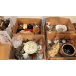 Five boxes including onyx clock set; assorted glassware; Japanese ceramics; Staffordshire figures