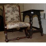 An oak joint stool and a Victorian nursing chair