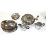Port Line Metalware Group five oval dish covers, two teapots, eight circular dishes 5 1/2''