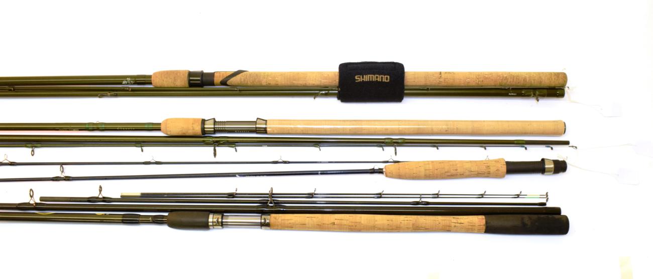 Four fishing rods, comprising: Shimano Purist Trotter 15 three-piece carbon barbel rod, nylon bag;