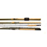 Four fishing rods, comprising: Shimano Purist Trotter 15 three-piece carbon barbel rod, nylon bag;