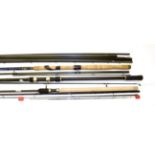 Seven various fishing rods, comprising: Garbolino Tyrrell three-piece twin top carbon match rod, TRL